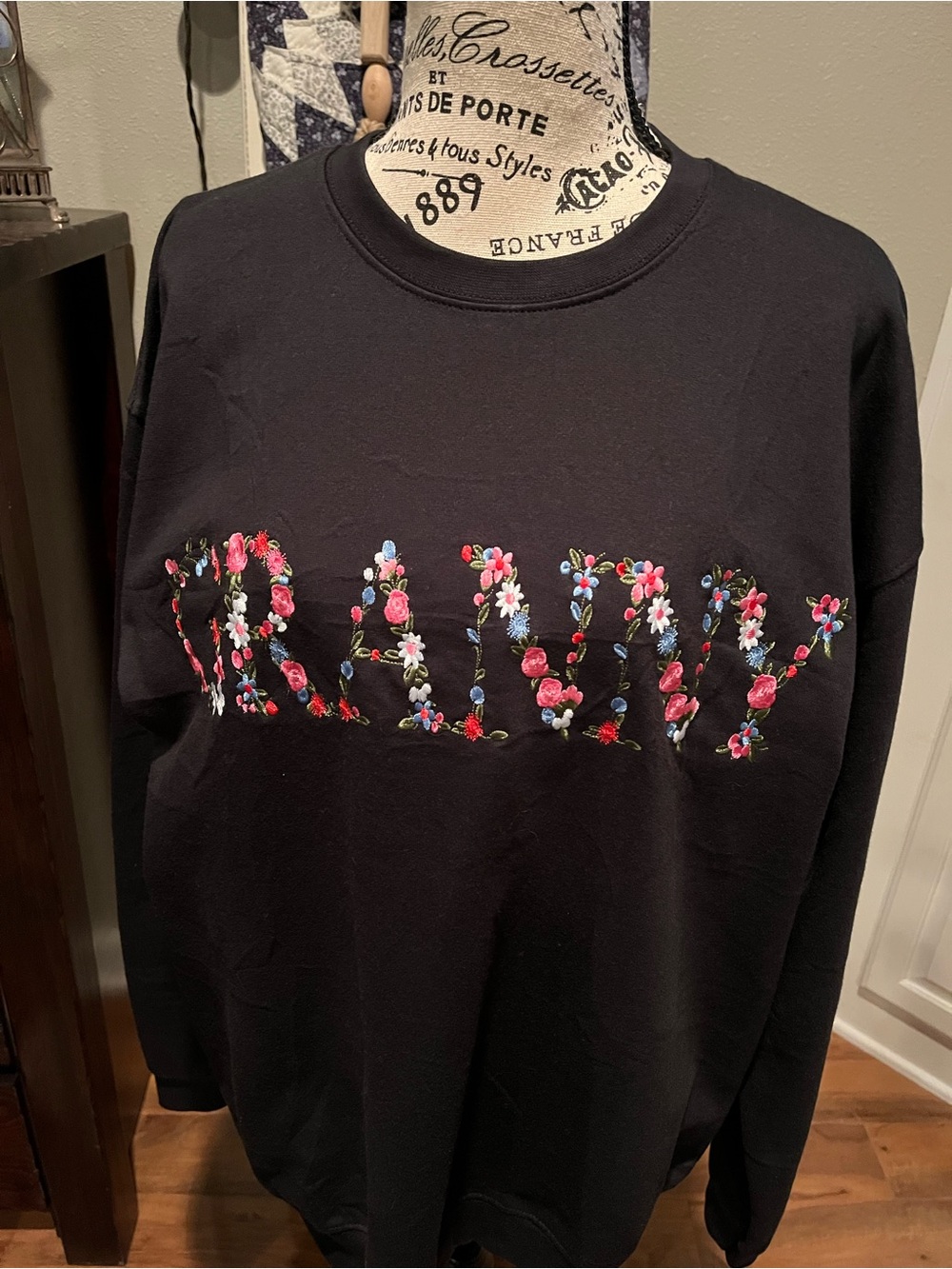 Black Floral Granny Embroidered Crewneck Sweater